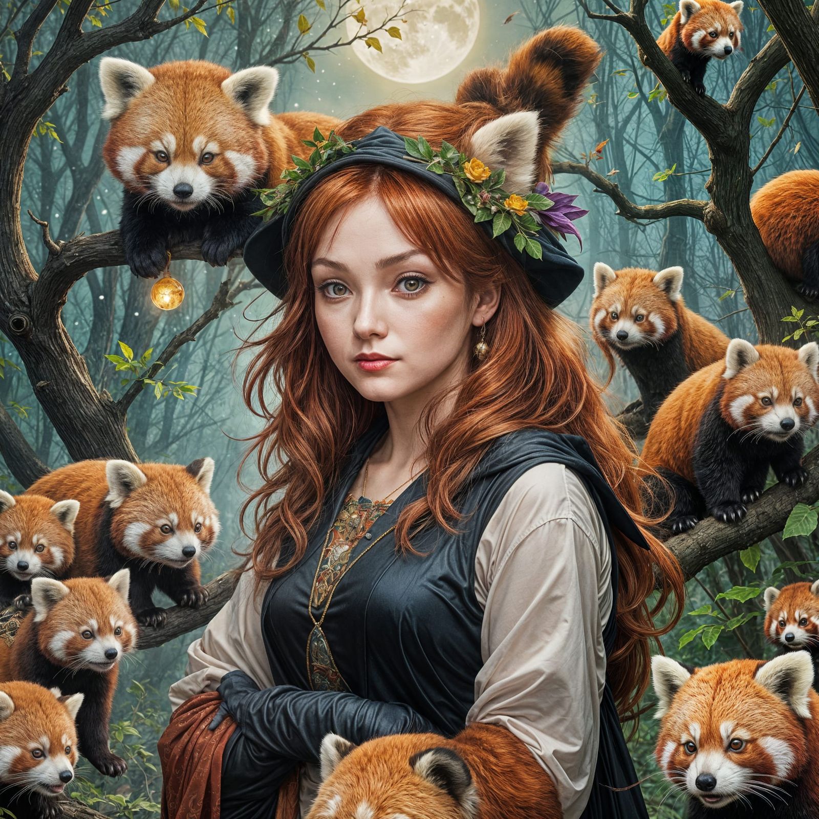 Whimsical Red Panda Witch in Glittering Moonlight