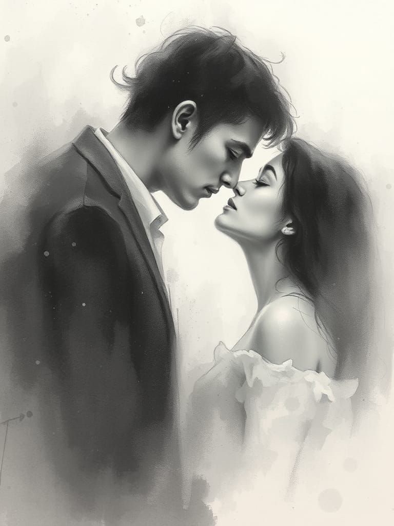 Tender Lovers in Dreamy, Impressionist Landscape with Soft C...