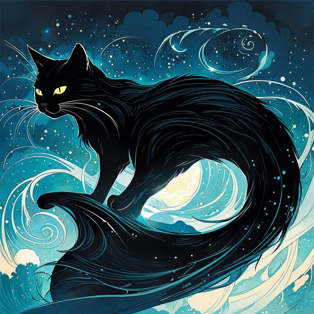 Ethereal Surfing Feline Amidst a Thunderous Storm