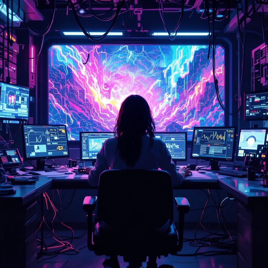 Woman Creates Video From Image in Cyberpunk Lab