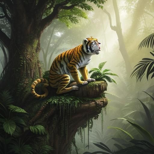 Whimsical Tiger and Monkey in Sunlit Forest