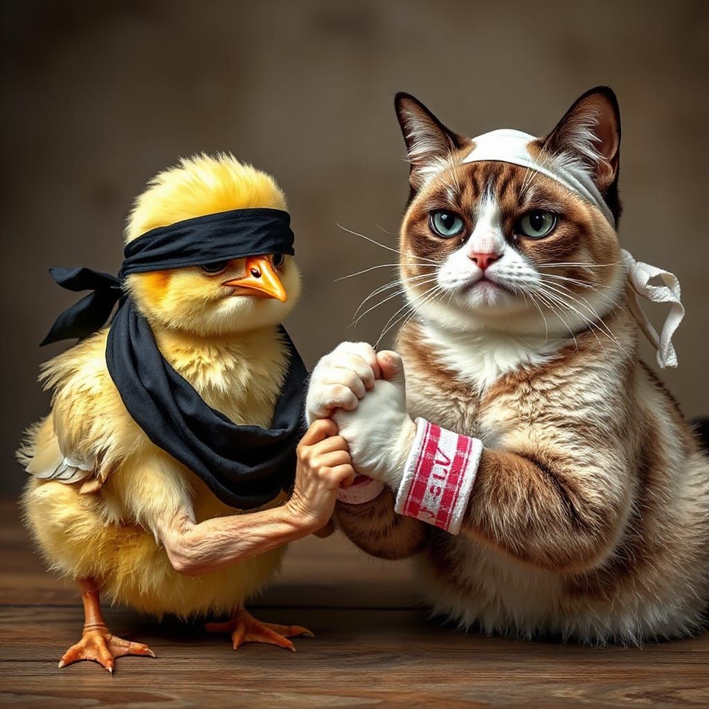 Grumpy Woman and Cat Arm Wrestling Match