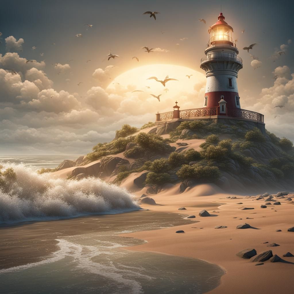 Beachside Lighthouse in Vibrant Fantasy Art