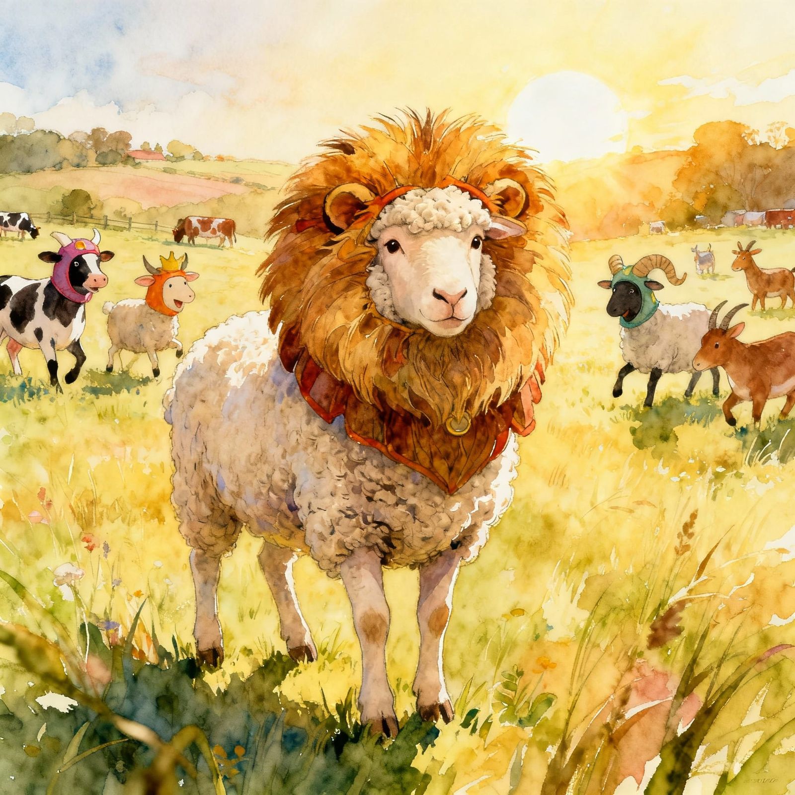 Fluffy Sheep in Lion Costume in Sunny Meadow