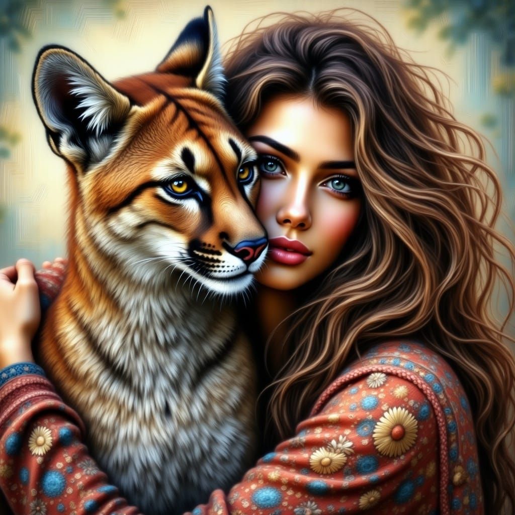 Lovely Woman and Majestic Cougar Share Heartwarming Embrace