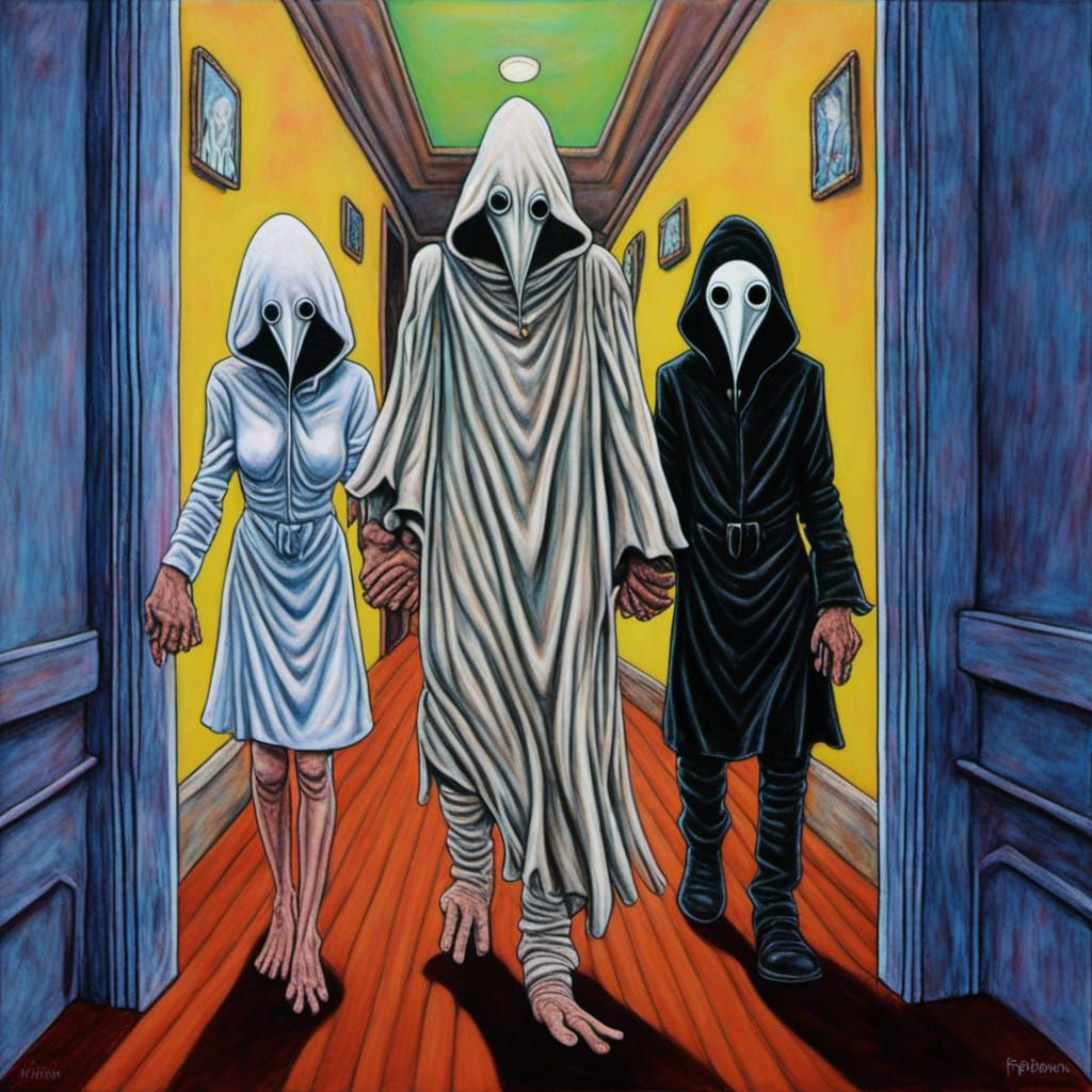 Surreal Twins Hold Hands with a Sinister Plague Doctor