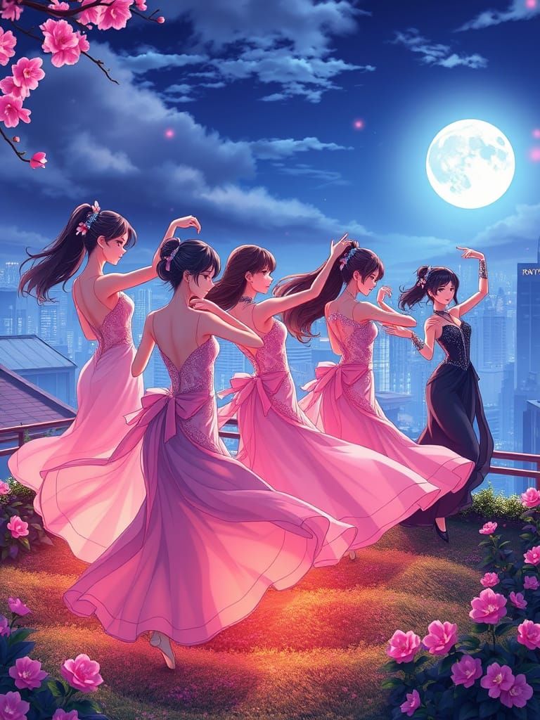 Anime Girls Dancing on Rooftop Garden Under Full Moon
