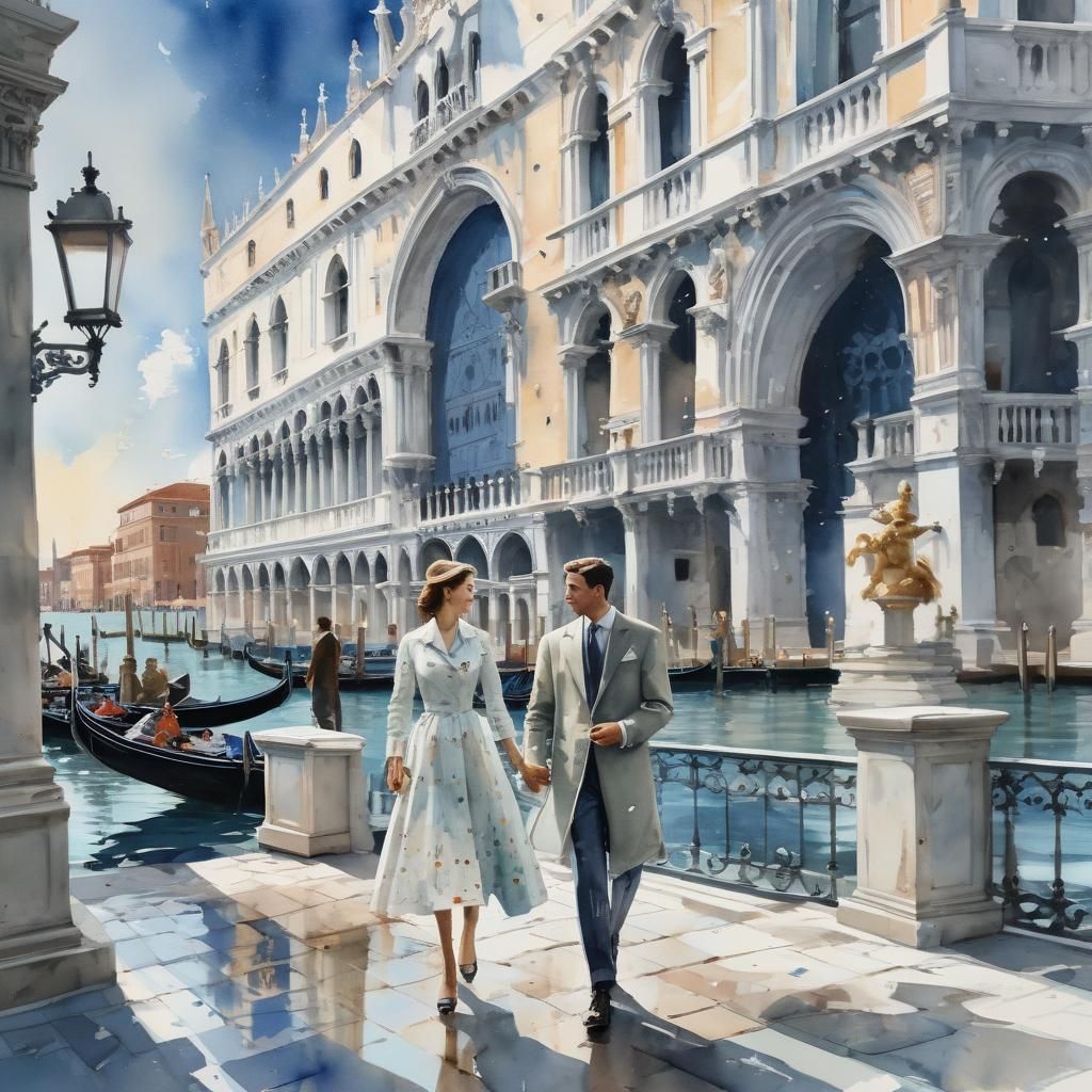 Elegant Couple Stands at Grand Canal in Dreamy Watercolor St...