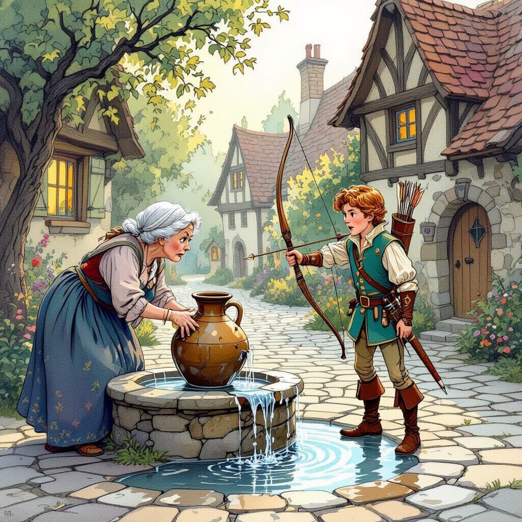 Fairy Tale Prince Angers Old Woman at Village Fountain