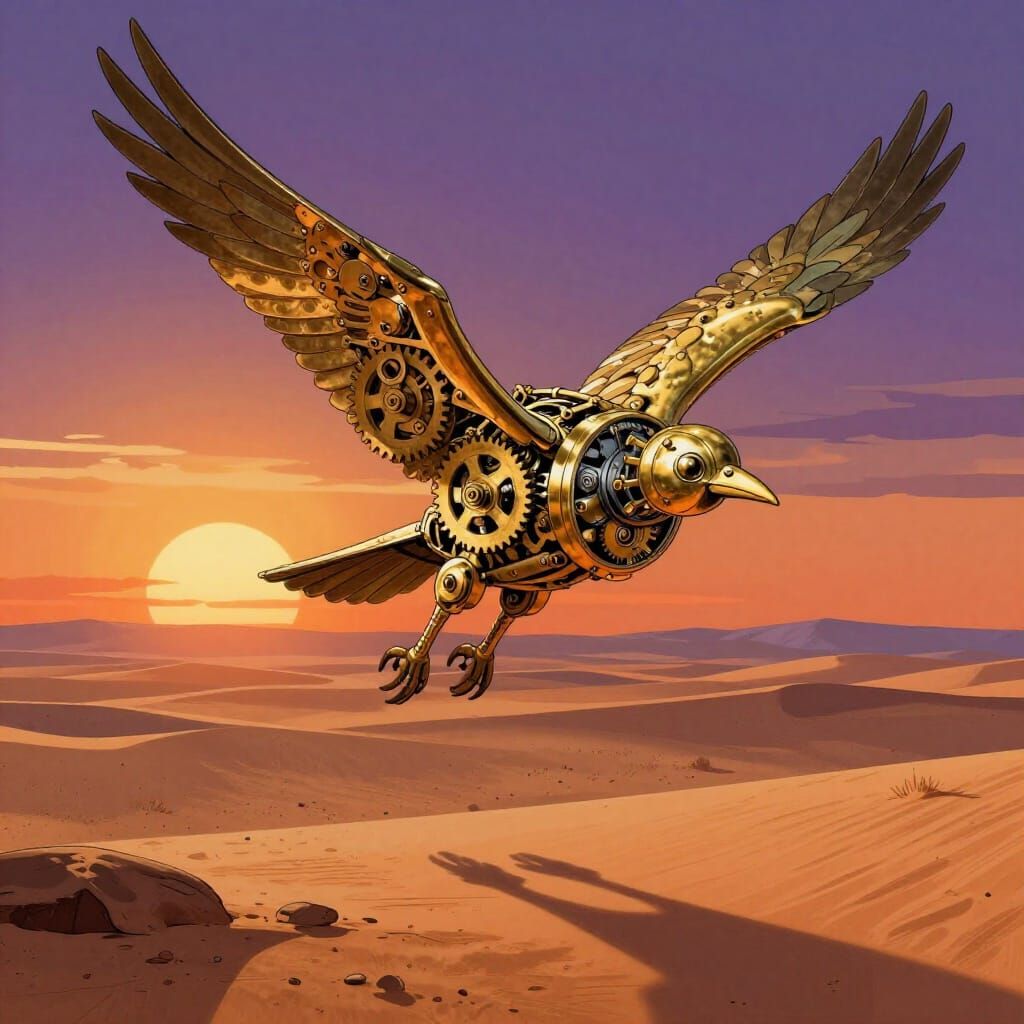 Clockwork Bird Soars Over Desert at Sunset, Graphic Surreal ...