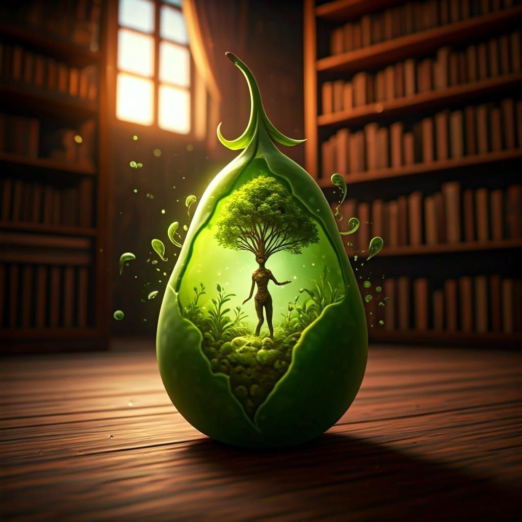 Whimsical Tree Person Emerges from a Radiant Green Pea in a....