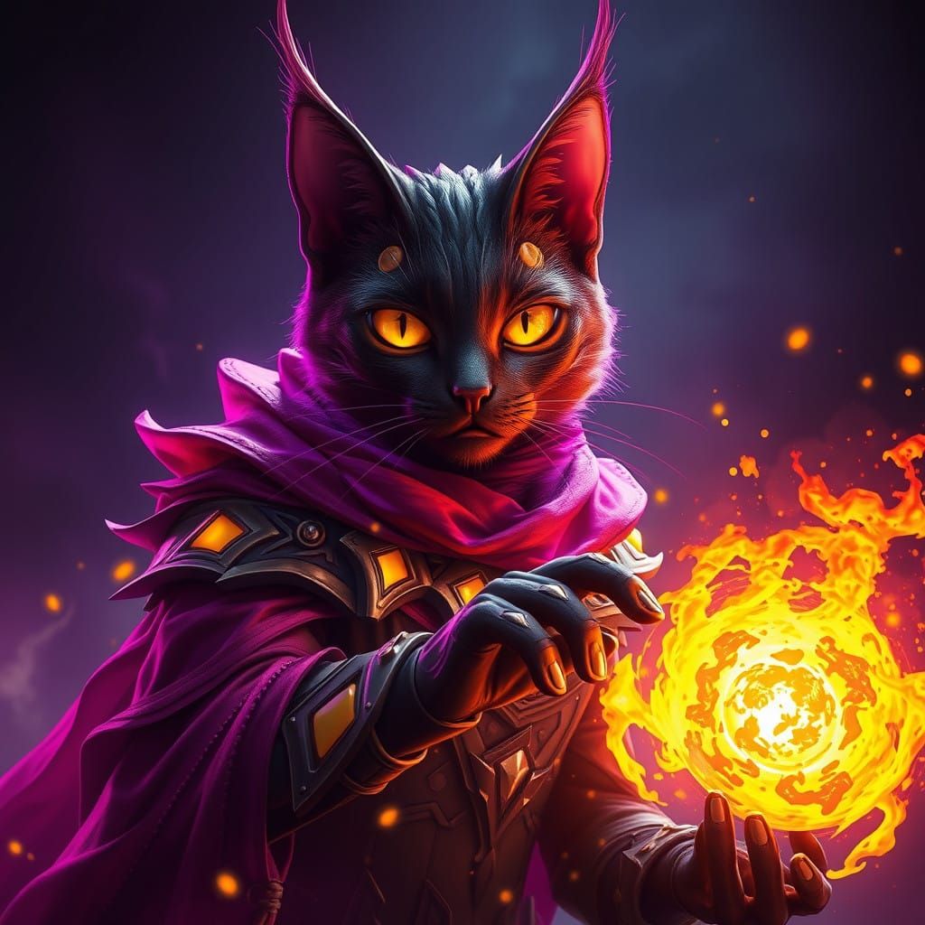 Dark Fantasy Cat Magician in Scarlet Attire