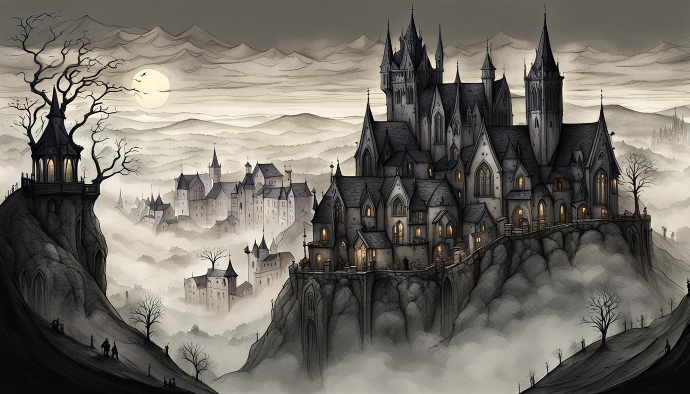 Gothic Masterpiece: Elegantly Haunting Village Amidst Misty....
