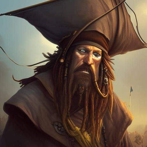 Sinister Pirate on Rotting Ship in Dark Fantasy Style