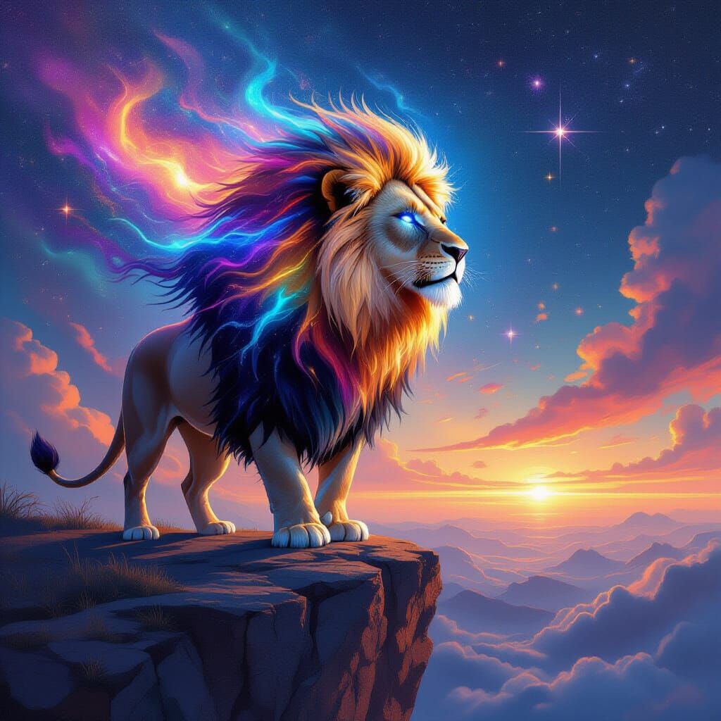 Cosmic Lion with Galaxy Mane in Holographic Style