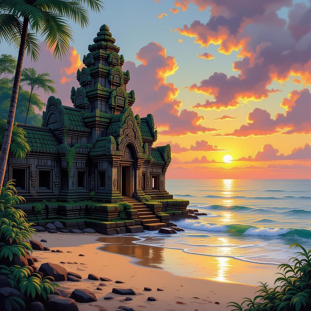Ancient Temple on Tropical Beach at Sunset