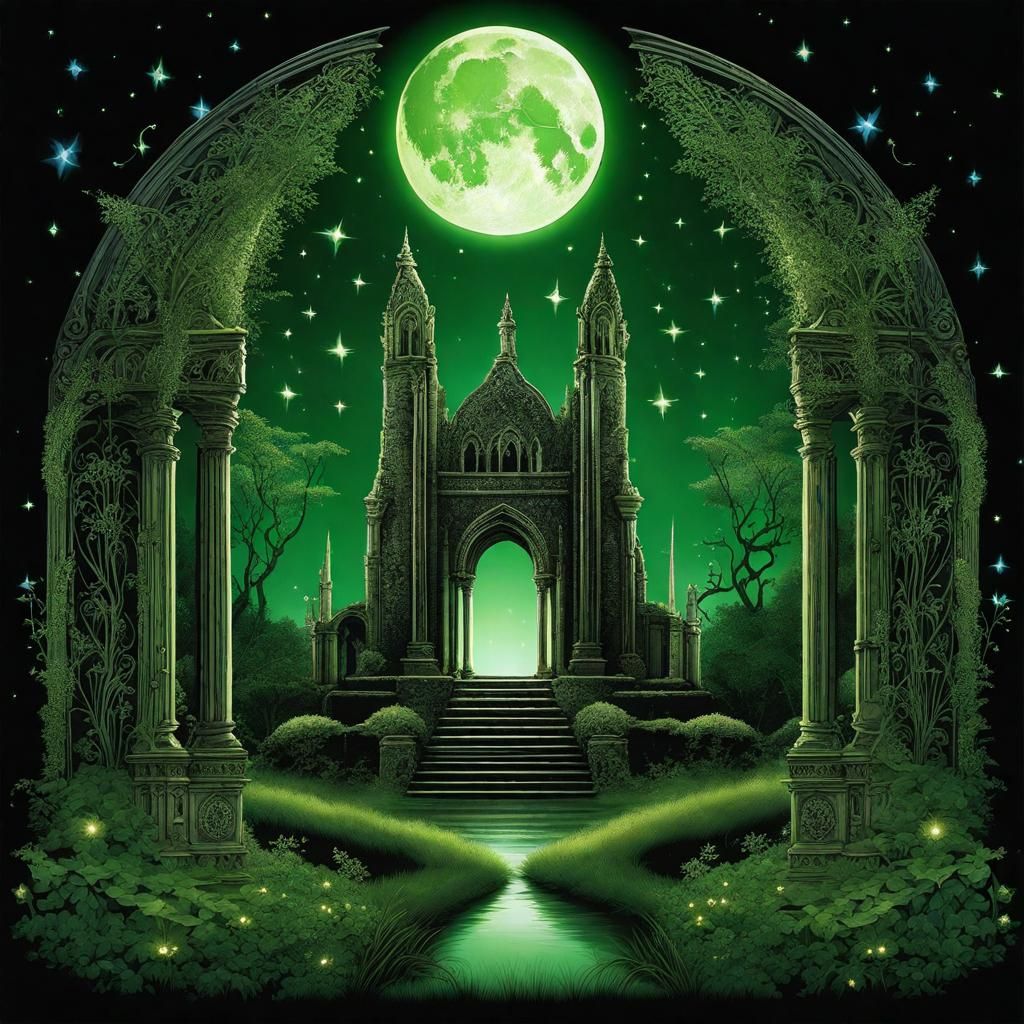 Ethereal Gothic Ruins Amidst an Enchanted Forest