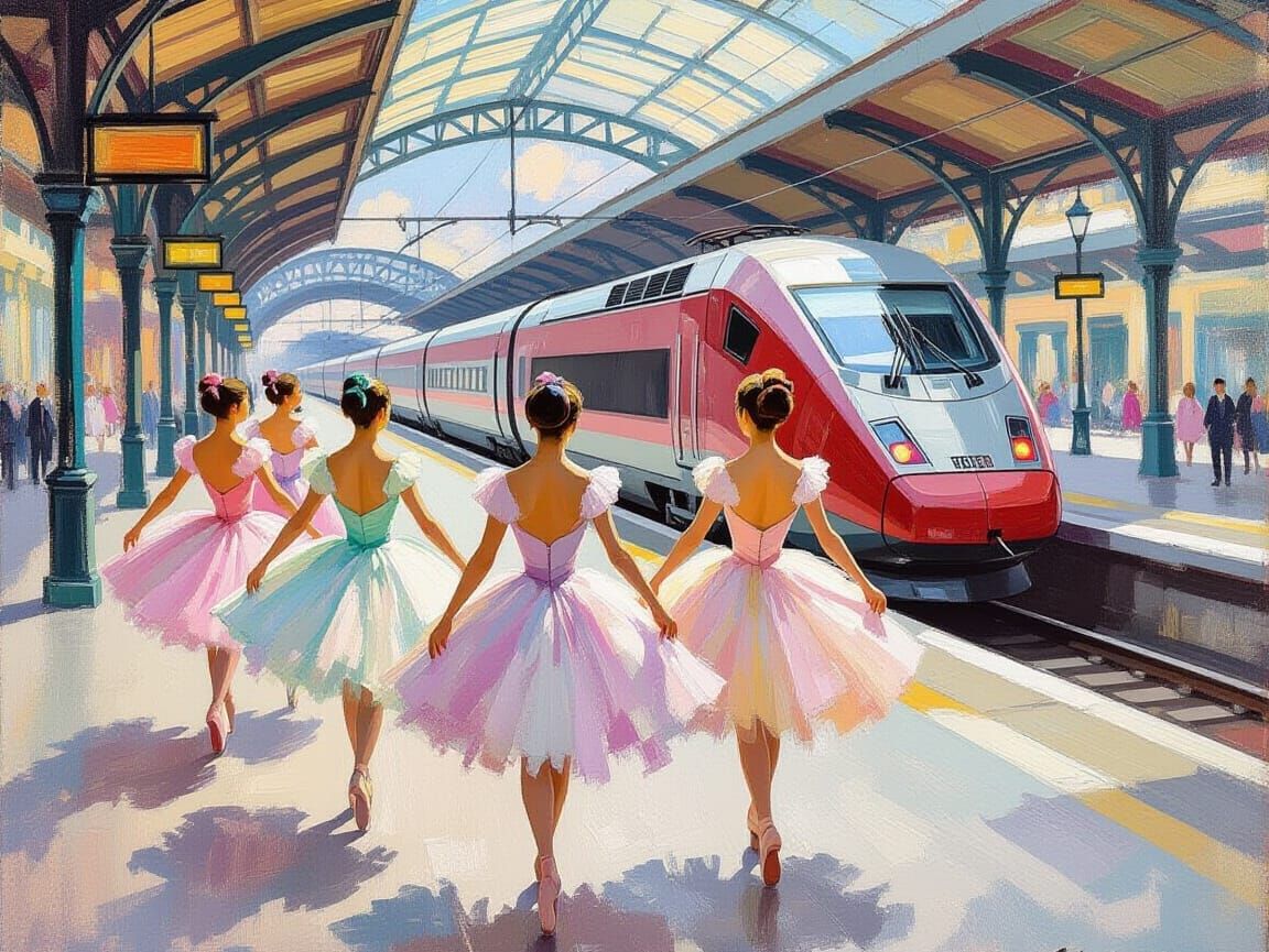 Impressionistic Ballerinas on a Train Platform