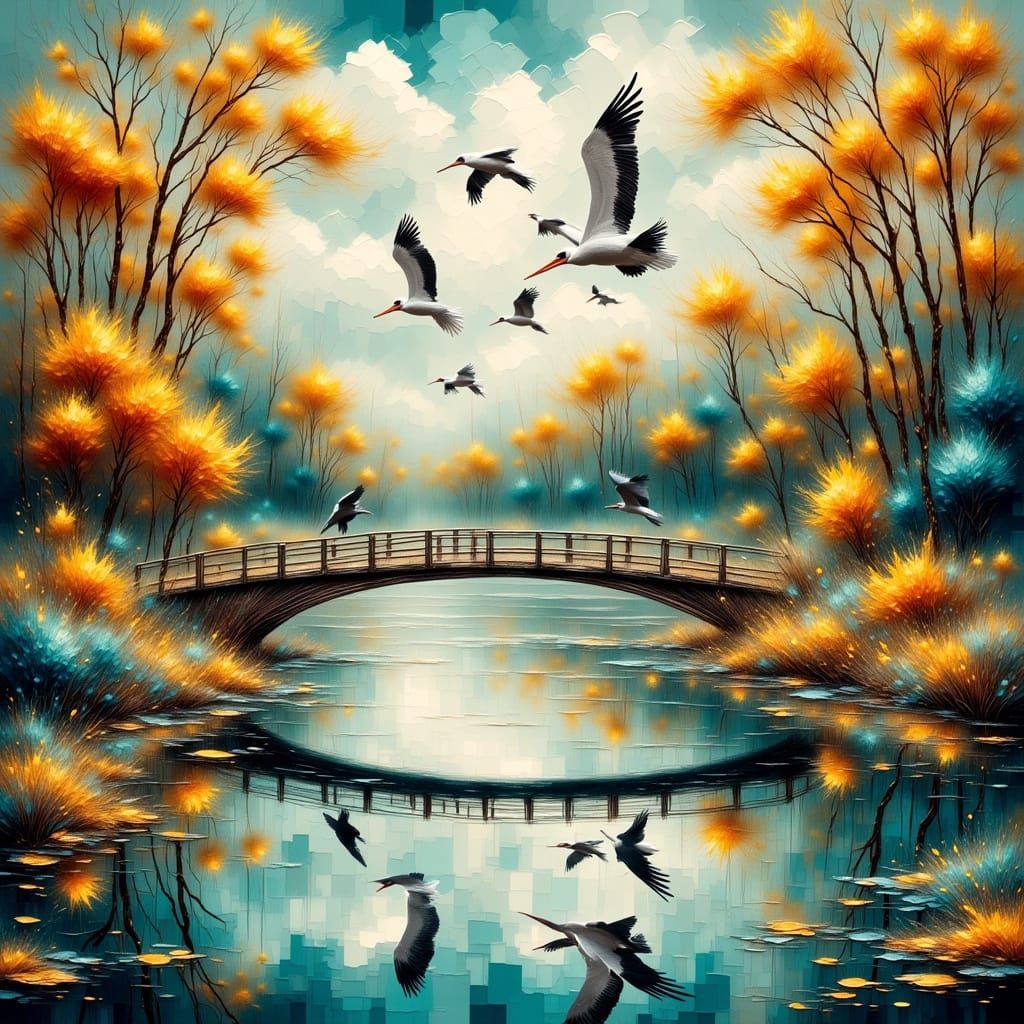 Pelicans Over Flooded River: Whimsical Watercolor Painting