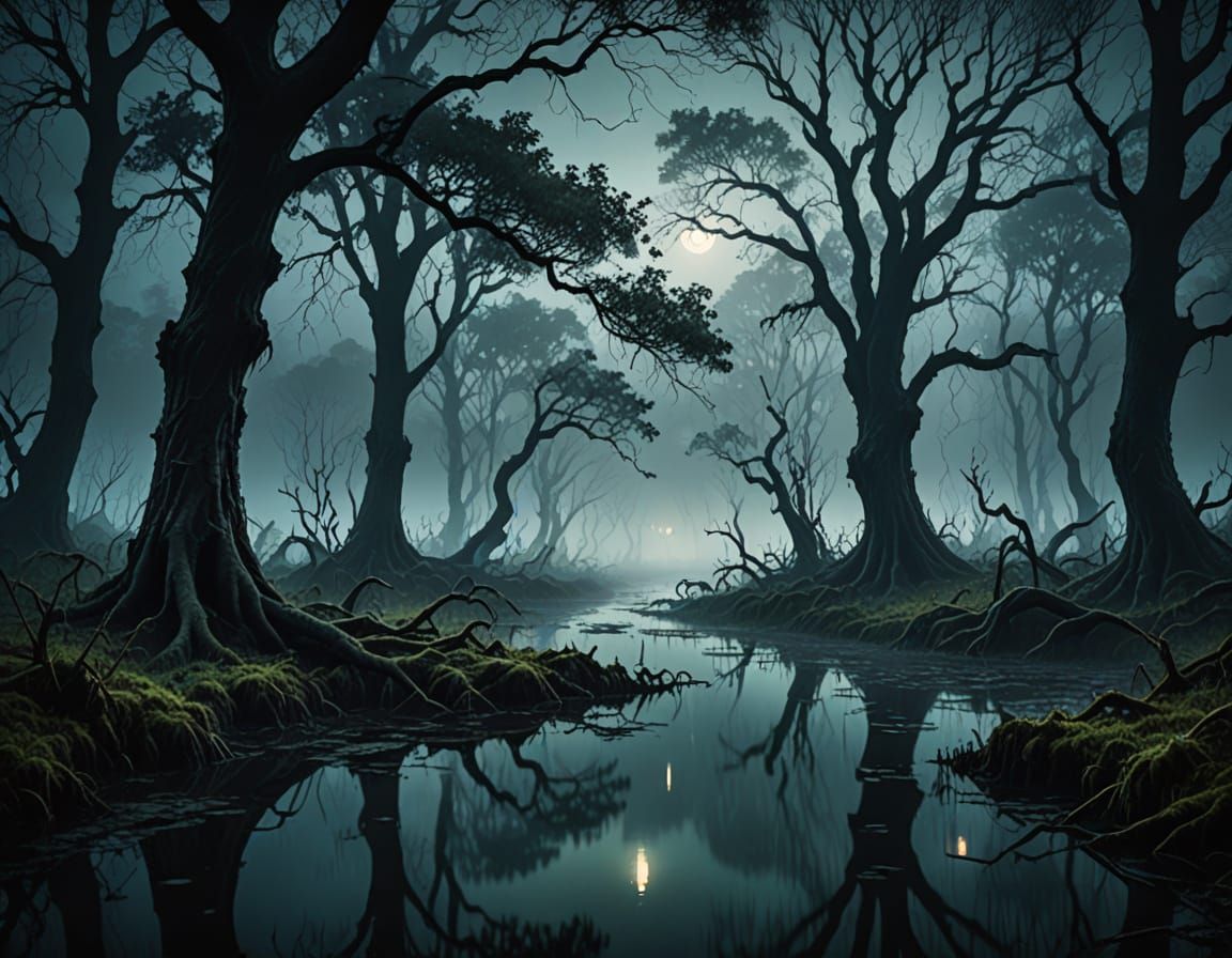 Moody Swamp Landscape in Cinematic Digital Painting Style