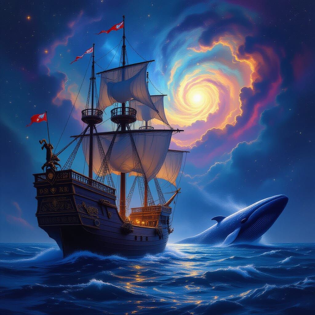 Galleon Sails Through Cosmic Nebula in Hyperrealistic Oil Pa...