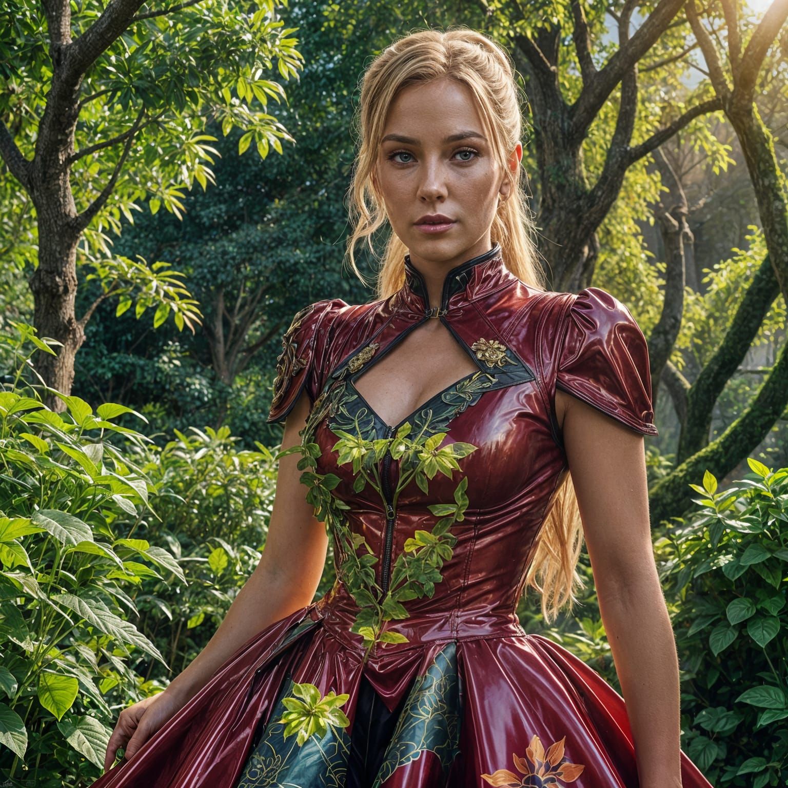 Glamorous Lady in Red Latex Fantasy Garden Scene