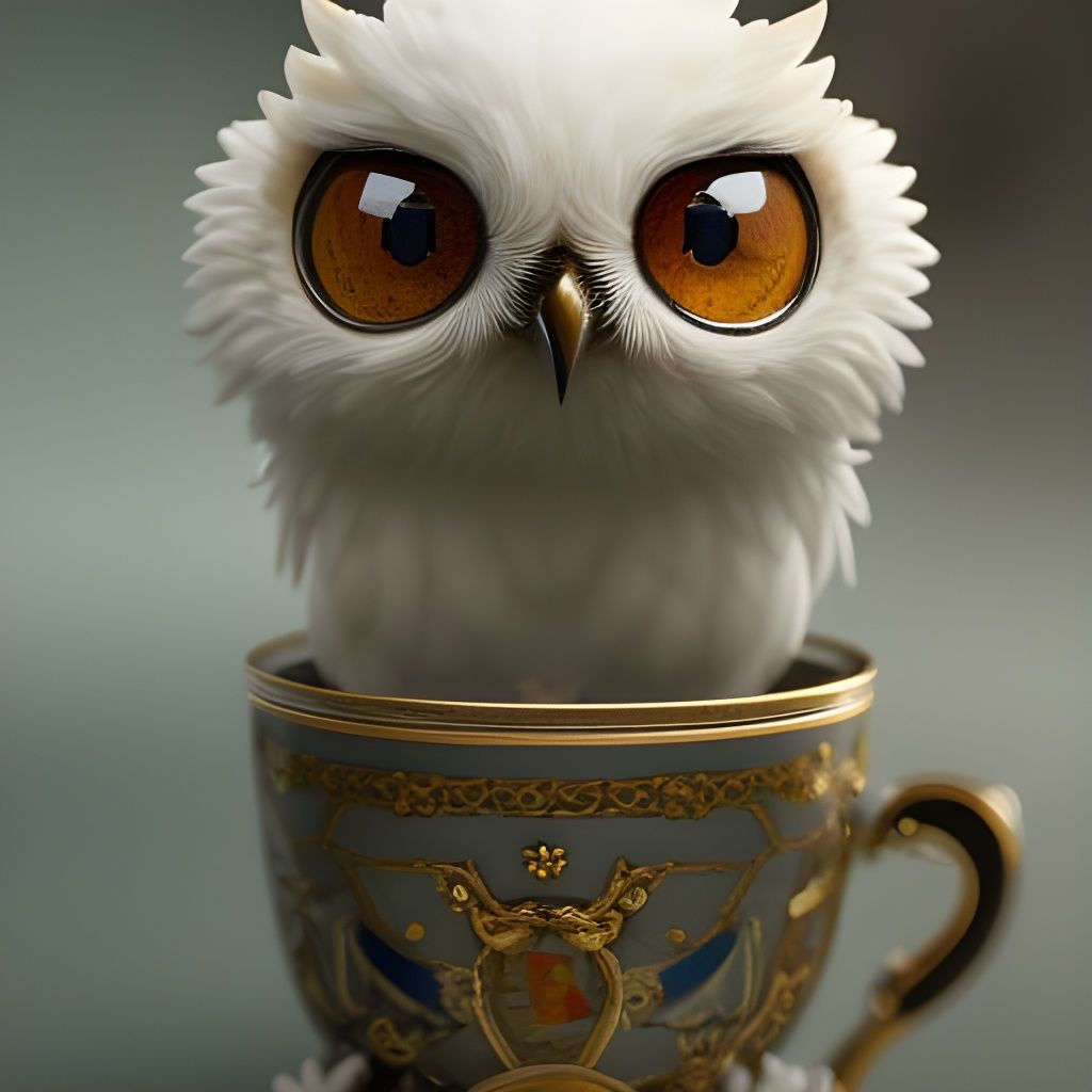 Whimsical Baby Owl in a Tea Cup Masterpiece