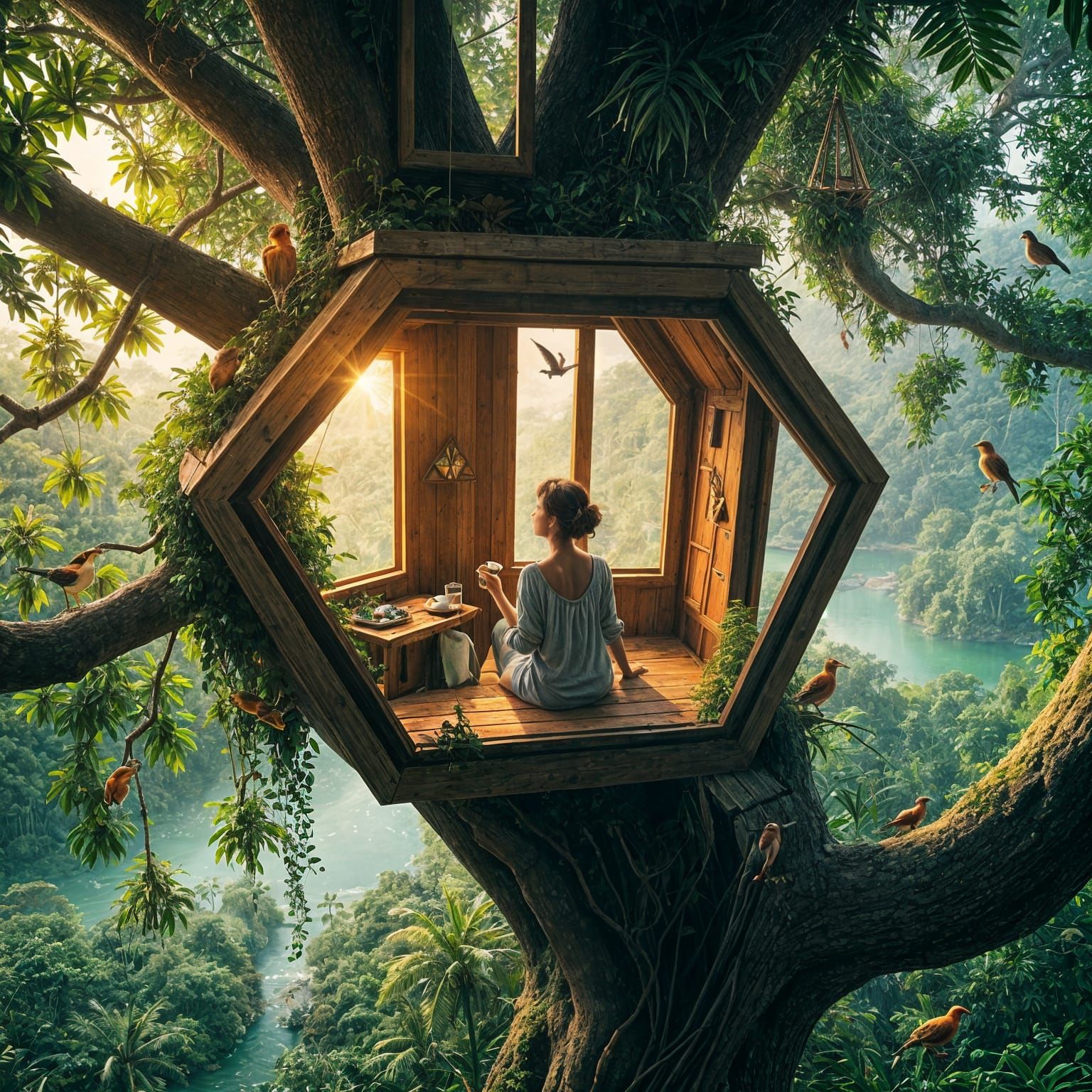 Woman Relaxing in a Hyperrealistic Jungle Treehouse Oasis