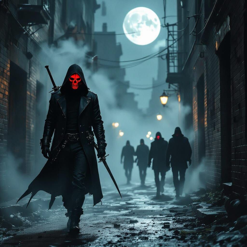 Masked Figure Stalks Alleyway Gang at Night