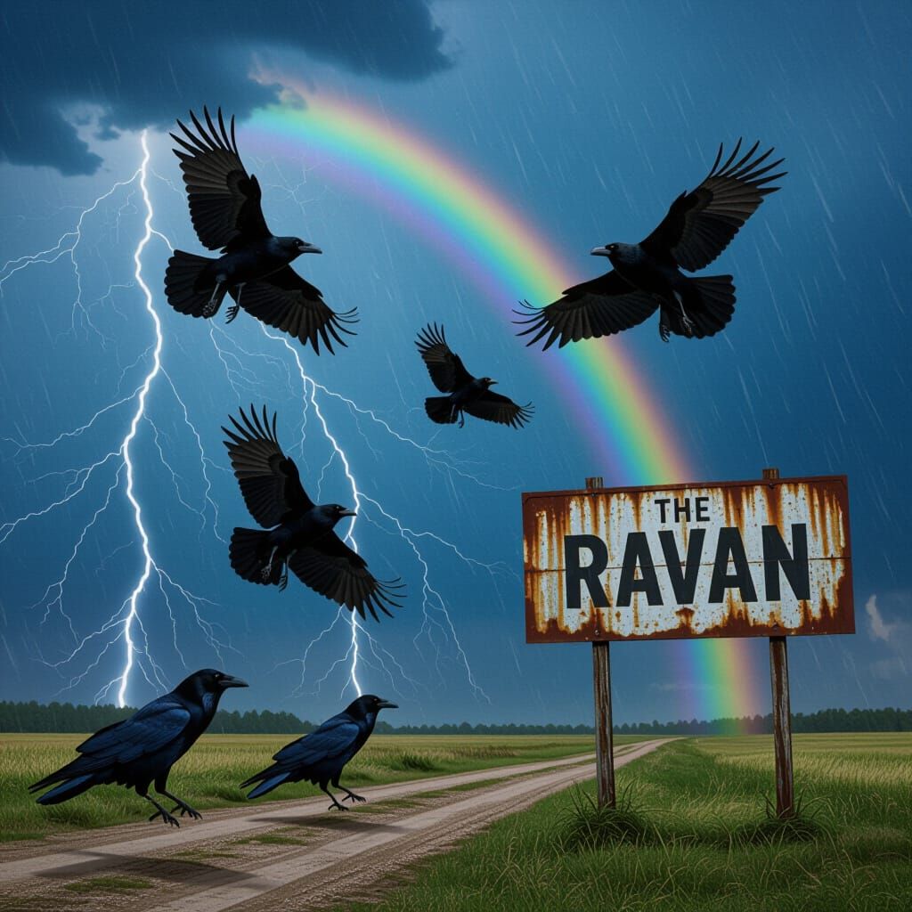 Ravens in a Summer Thunderstorm with Rainbow