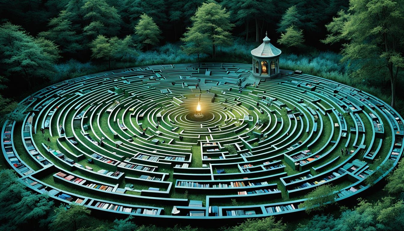 Surreal Book Labyrinth in a Dreamlike, Bio-Artistic Landscap...
