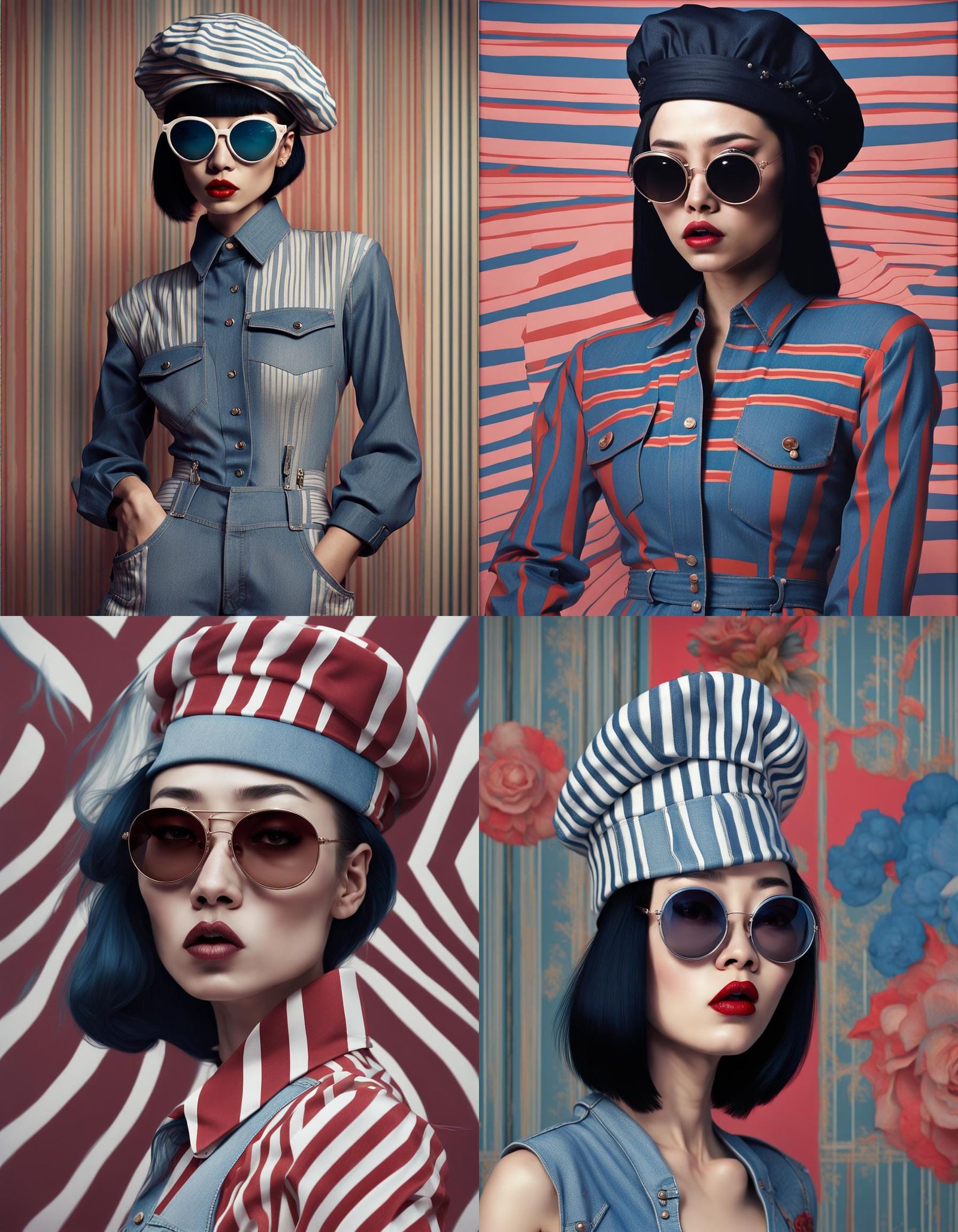 punk 80's Asian model woman with a 50's beret, in a minimal round striped pattern denim j...