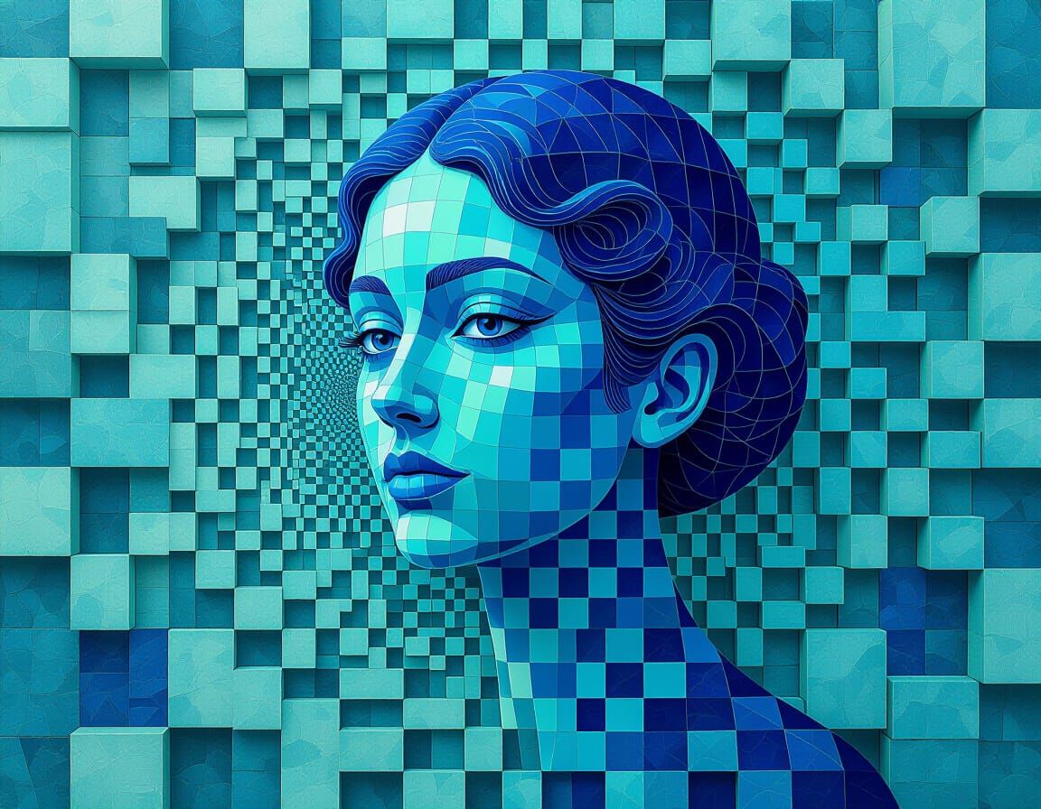 Abstract Woman Portrait with Fractal Geometric Patterns