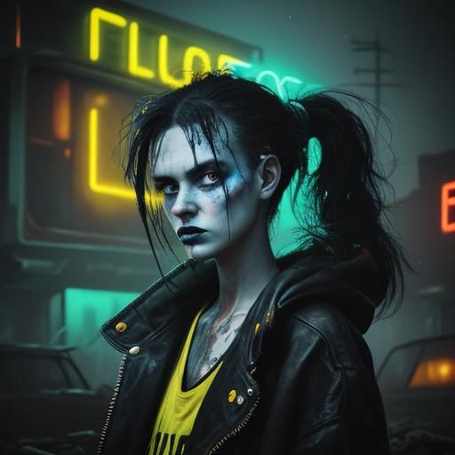 Gothic Goddess Amidst Ruins in Neon Splendor