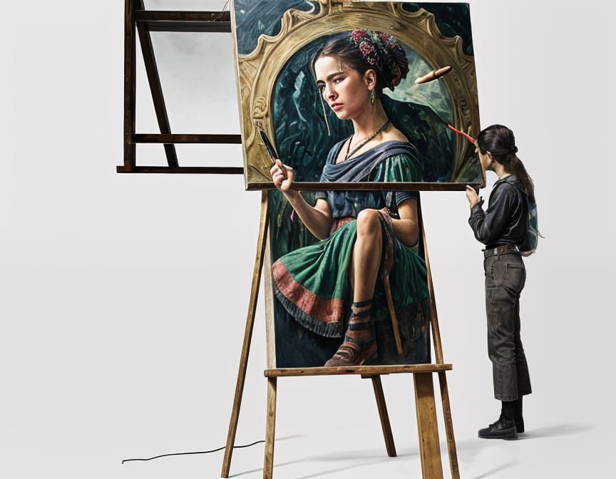 Artist Painting Himself Amidst Half-Finished Masterpiece in ...