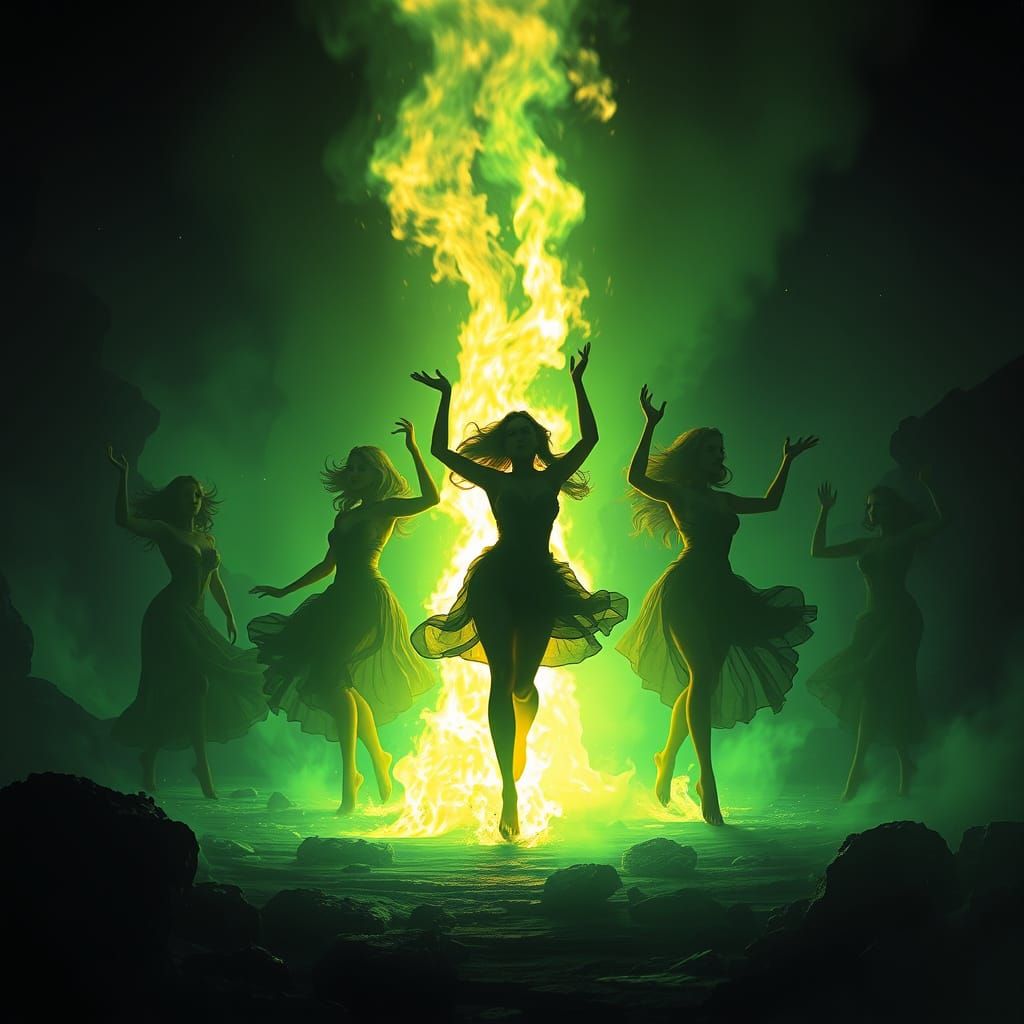 Green Fire Dance: Dark Fantasy Concept Art