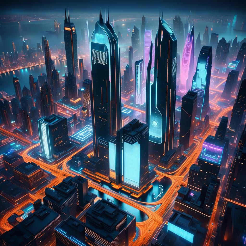 Futuristic American Cityscape with Luxurious Skyscrapers and...