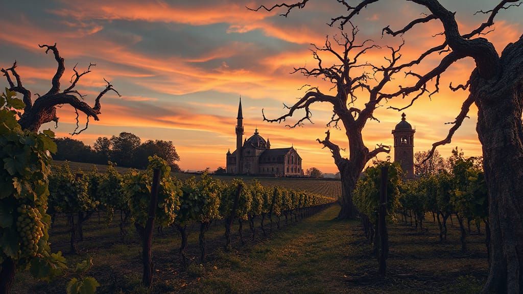 Mystical Vineyard at Dusk in Hyperdetailed Mixed Media Style