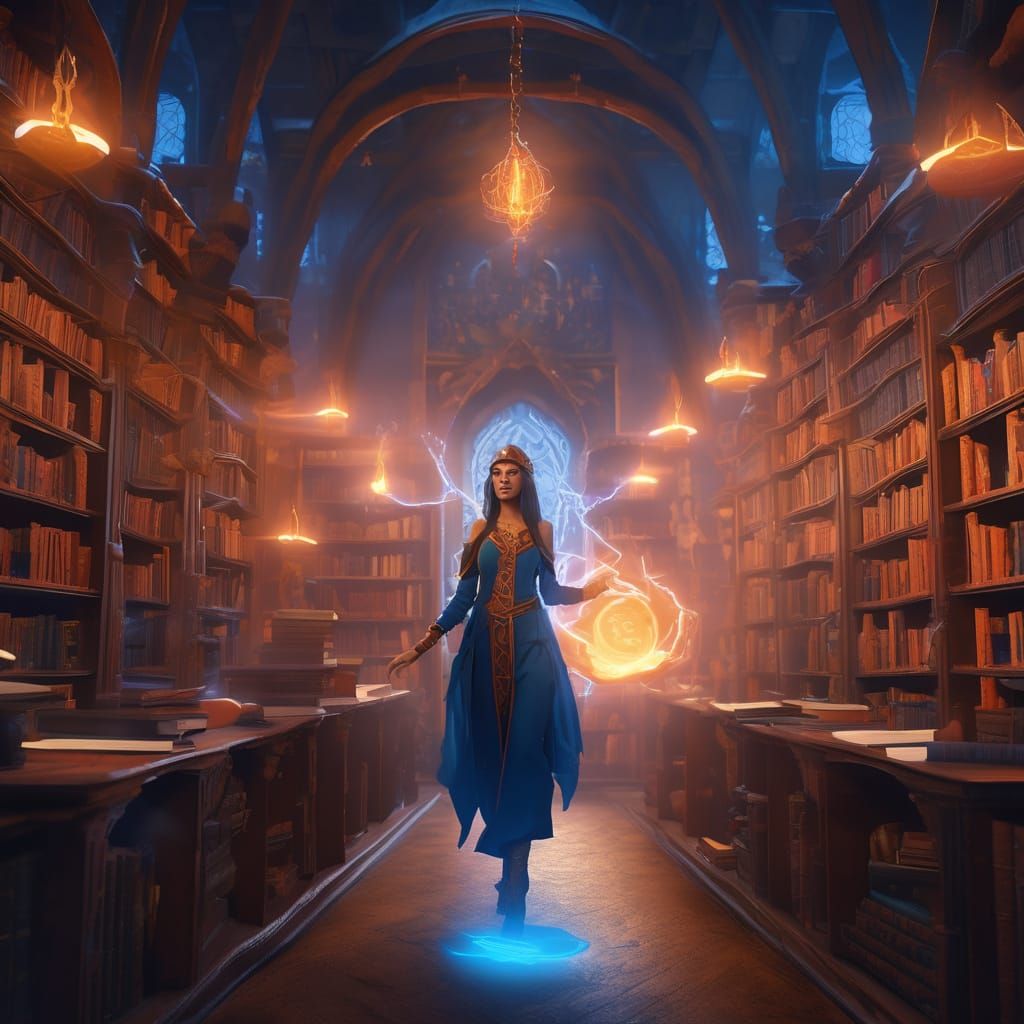 Half-Elf Wizard in a Magical Library