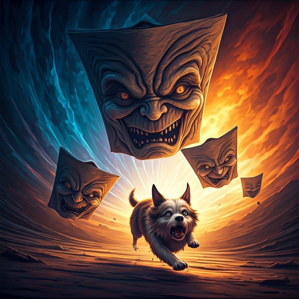 Dog Chased by Twisted Pages in a Mystical Landscape