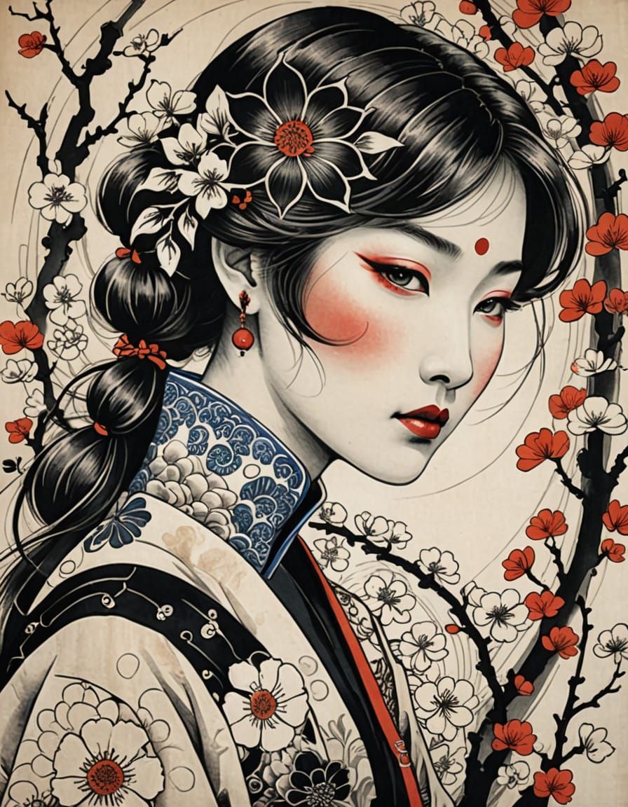 Elegant Manchurian Woman in Chinese Ink Wash Style