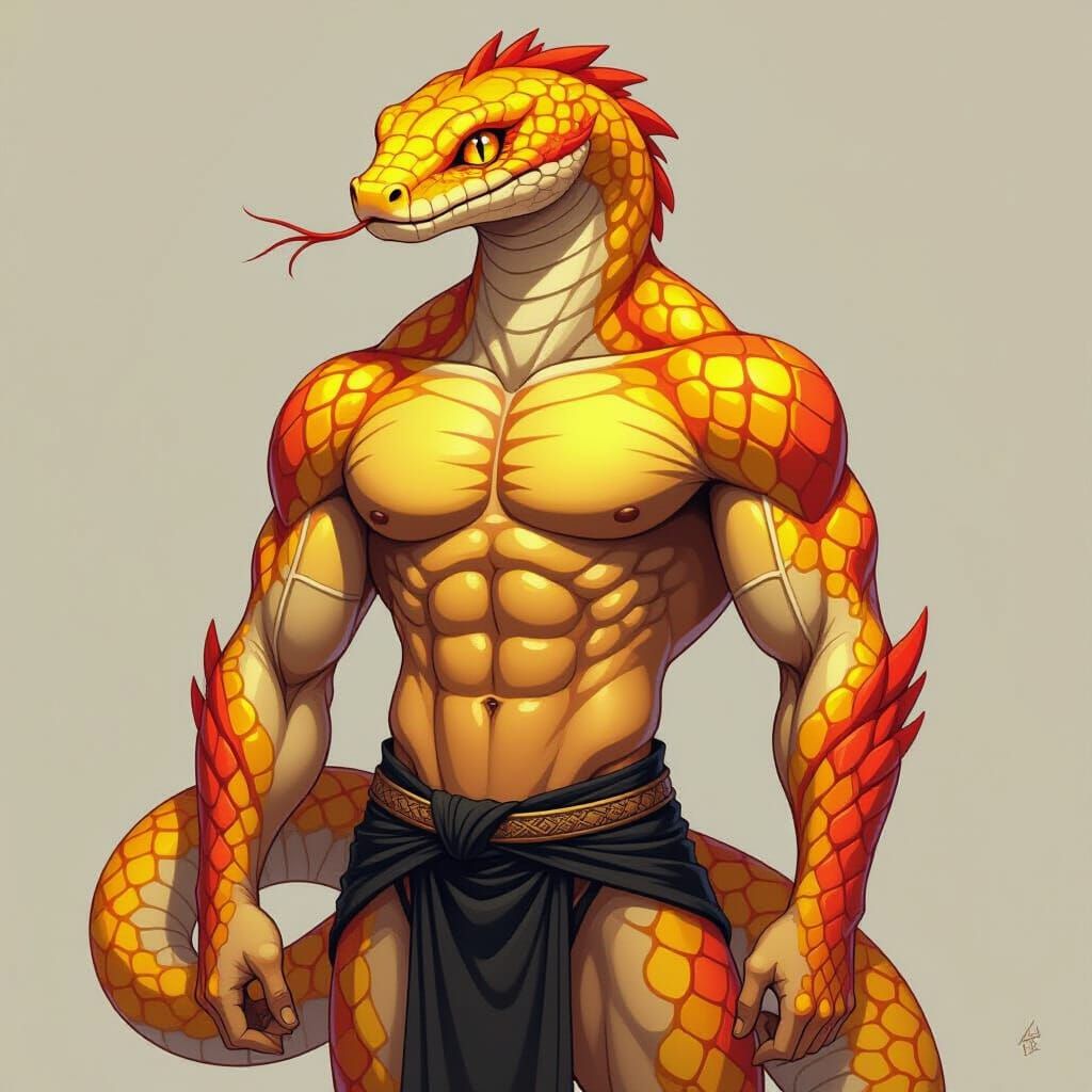 Muscular Anthro-Snake with Vibrant Scales and Loincloth