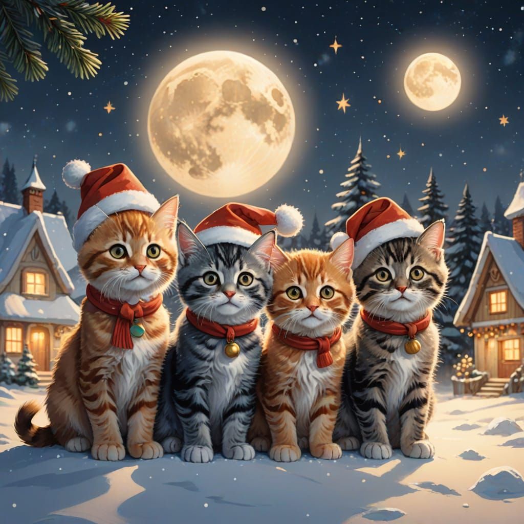 Four Adorable Kittens in Christmas Hats Gaze at Snowy Villag...