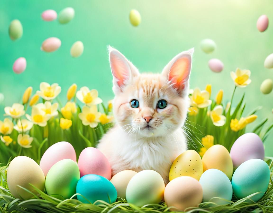 Whimsical Pastel Easter Creature among Blooming Spring Flora...