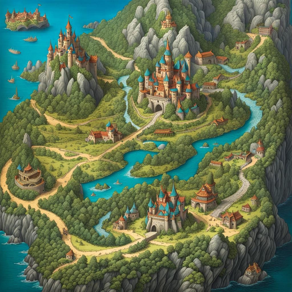 Fantasy Land Map with Detailed Dragon's Lair in a Toddler's....