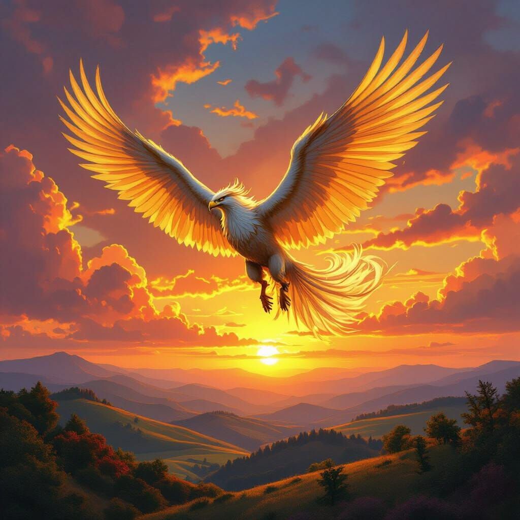 Griffin Soaring Through Sunset Sky in Fantasy Art