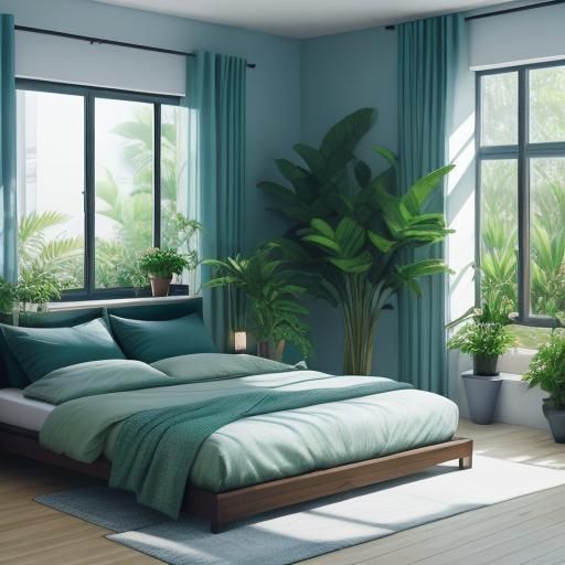 Soothing Seaside-Inspired Bedroom Sanctuary with Lush Greene...