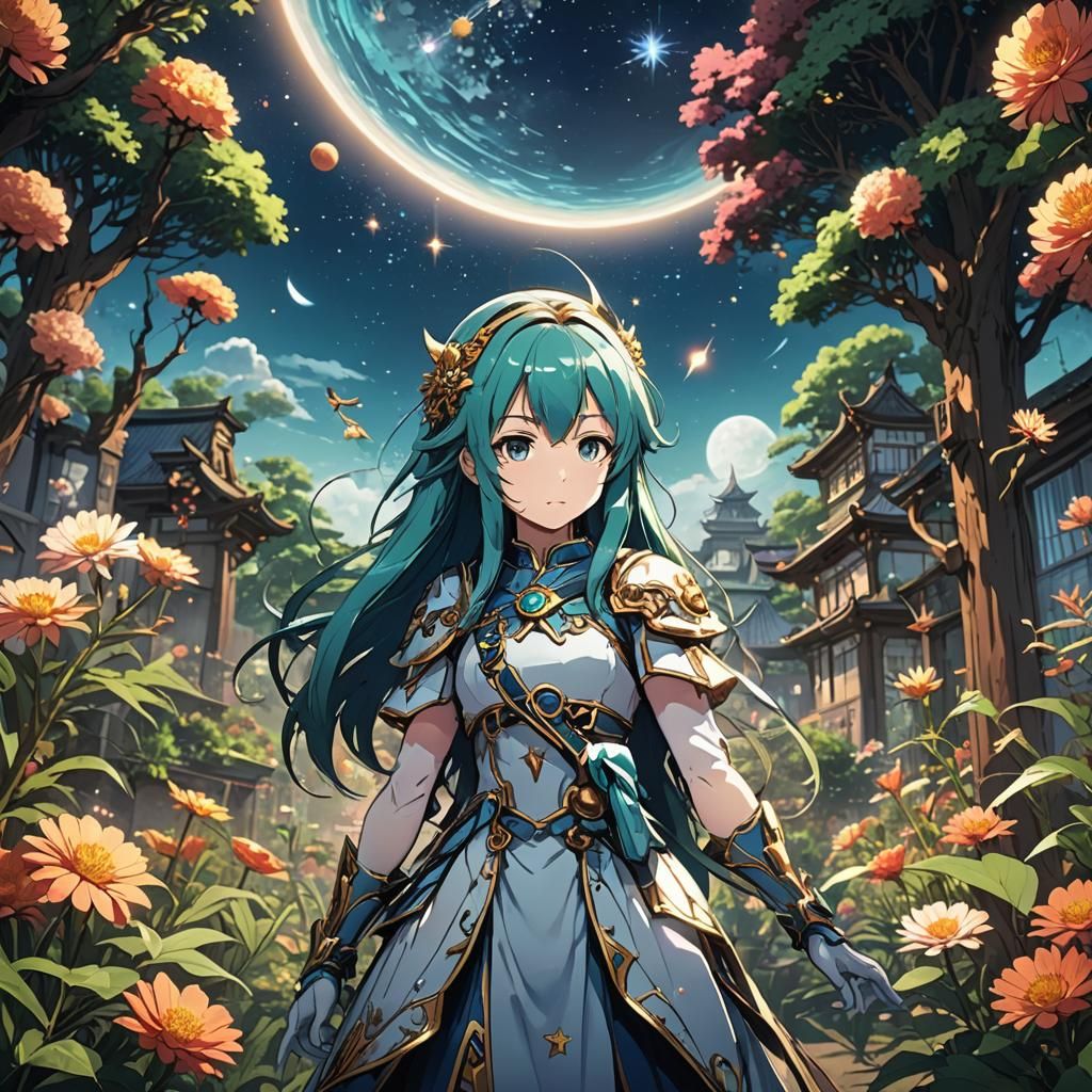 Vibrant Anime-Style Garden in a Celestial Wonderland