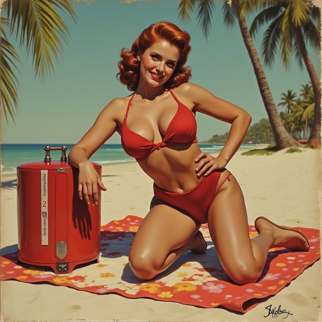 Vibrant Redhead Pinup Girl in Retro Beach Scene