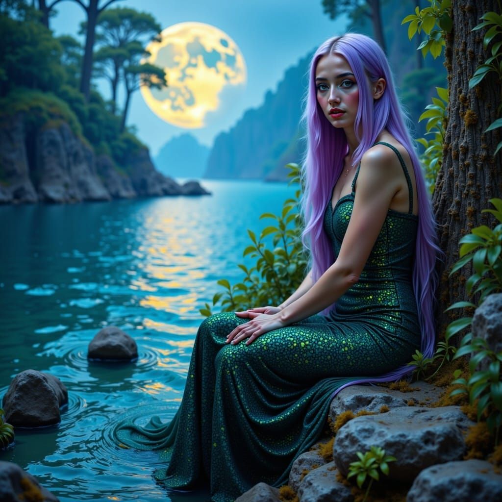 Enchanting Siren in Moonlit Lagoon, Dark Fantasy Art